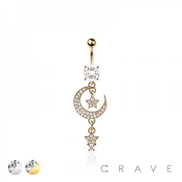 316L SURGICAL STEEL MULTI CZ MOON STAR DANGLE TWINKLE STAR BELLY BUTTON NAVEL RING 